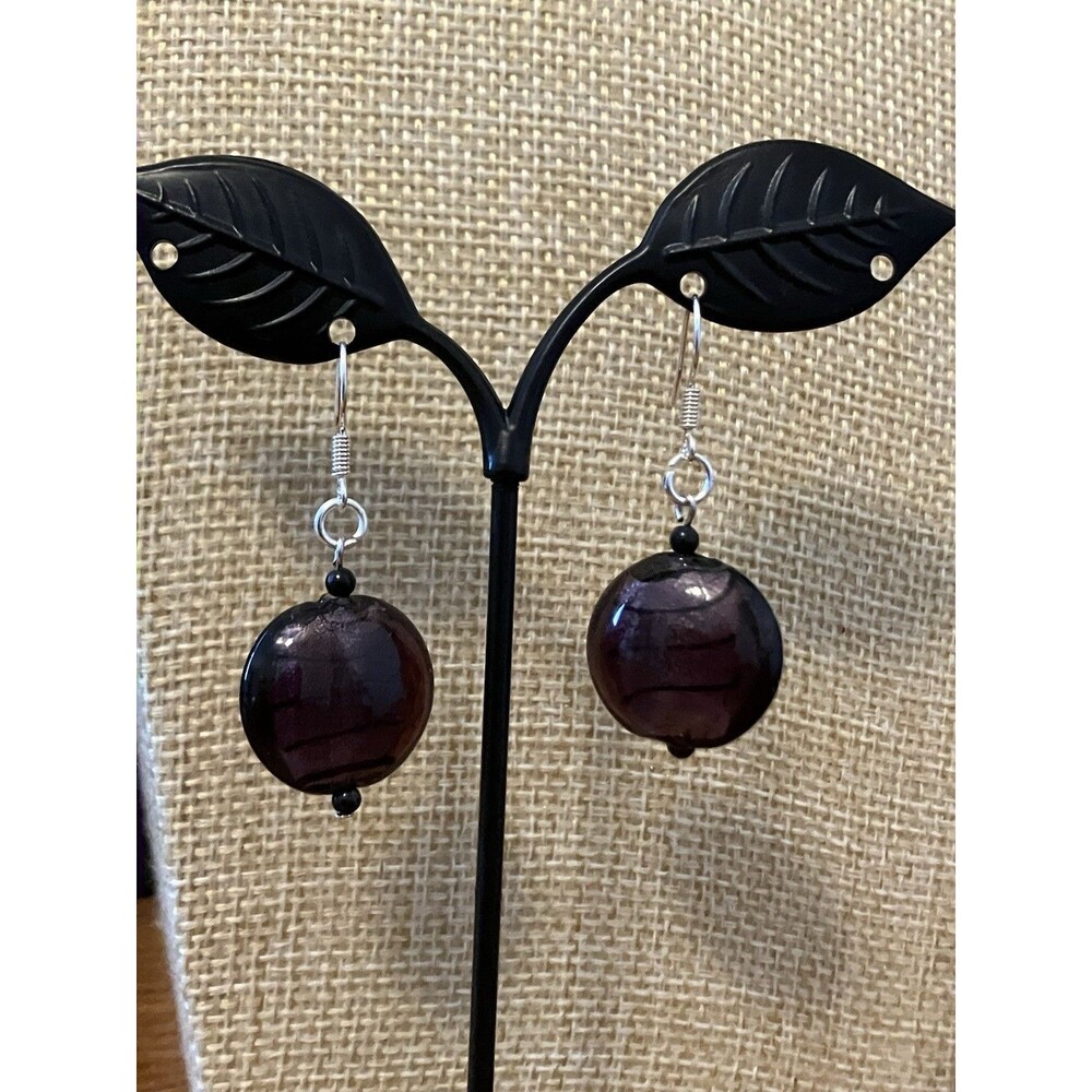 Purple Beaded Earrings Black Stripe Dangle Hooks Silver Tone